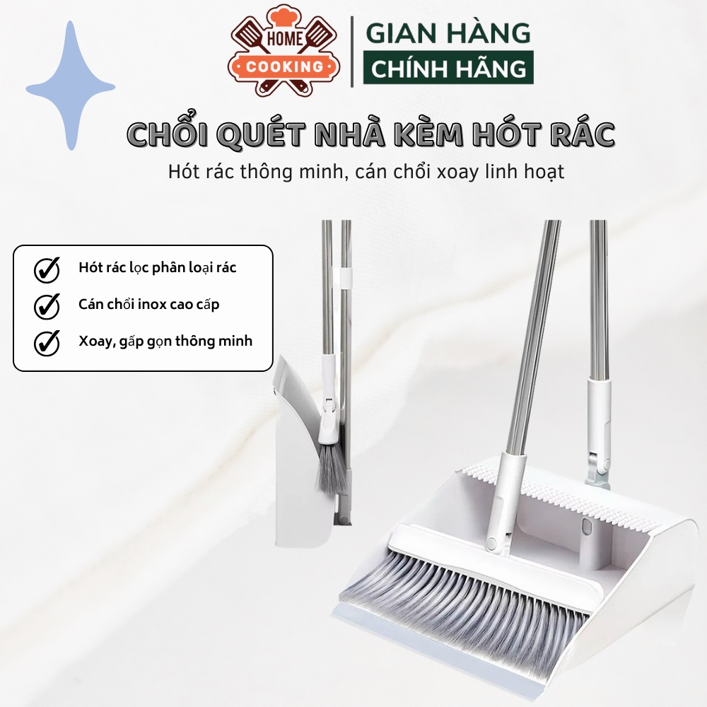 Chổi quét nhà thông minh gấp gọn xoay 360 độ, kèm hót rác cán dài phân loại rác tiện dụng, chất liệu cao cấp chắc chắn