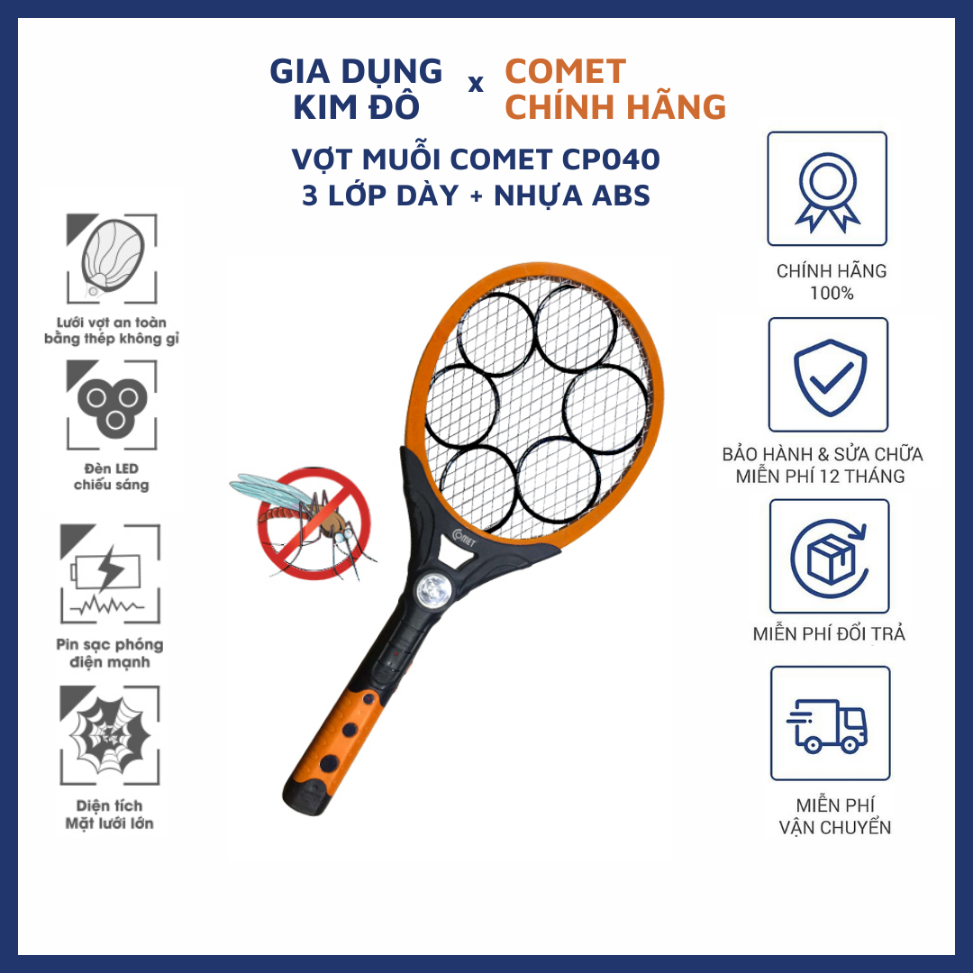 Vợt Bắt Muỗi Comet CP040 - Thiết kế nổi bật và hiệu suất bắt muỗi cao, sạc pin tiện lợi - Hàng Chính Hãng