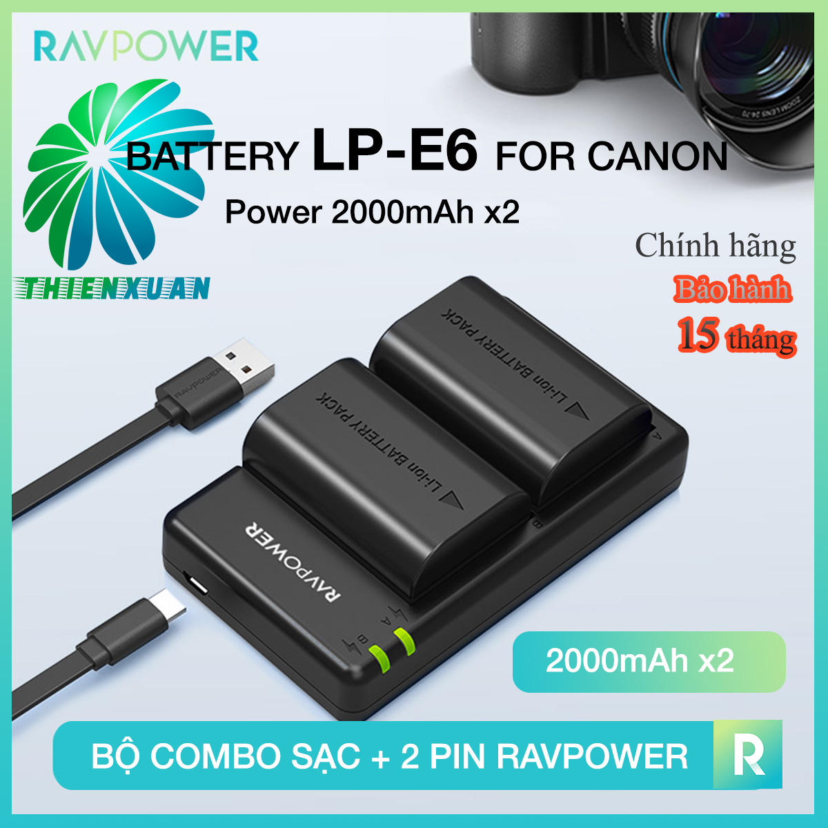 Combo Sạc + 2 Pin Ravpower LP-E6 Cho Canon EOS 60D 80D 6D 5D4 5D3 5D2 6D2 5DSR 90D 5DMark (Bảo hành 15 tháng chính hãng)