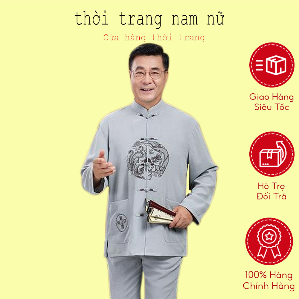 Trang Phục Cổ Tàu Bộ Đồ Nam Dài Tay Trang Phục Cho Bố Rộng Rãi Thường Ngày Áo Sơ Mi Kiểu Trung Quốc Dành Cho Người Trung Niên