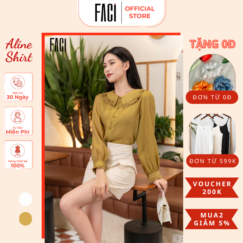 Áo sơ mi công sở Aline Shirt phối cổ bèo nữ tính, Áo dáng suông phần thân trước thiết kế cúc ngọc sang chảnh FA124