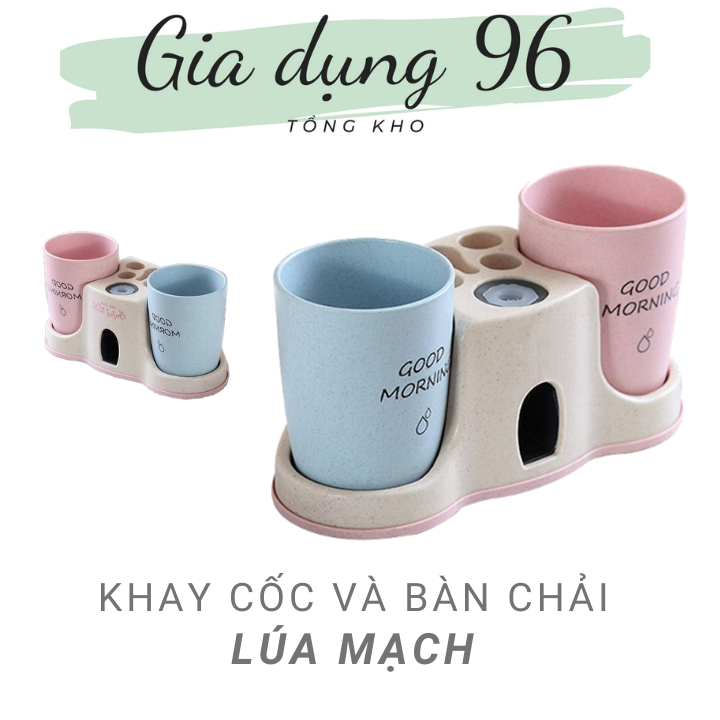 Bộ nhả kem 2 cốc lúa mì - Bộ cốc đánh răng kèm khay đựng thông minh - Kệ để bàn chải và kem đánh răng - Bộ dụng cụ nhả lấy kem đánh răng tự động kèm 2 cốc lúa mạch treo tường cao cấp
