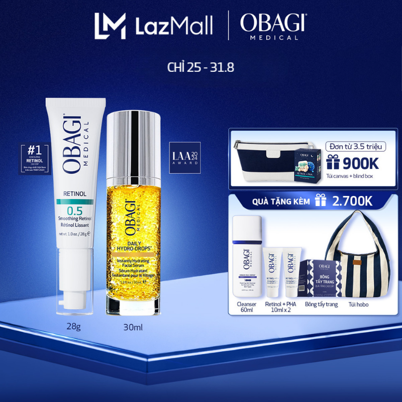 Bộ đôi Kem Dưỡng Làm Mờ Nếp Nhăn, Mờ Thâm  Làm Đều Màu Da Obagi Retinol 1.0 28g và Serum Dưỡng Ẩm  Làm Dịu Da Obagi Daily Hydro-Drops 30ml