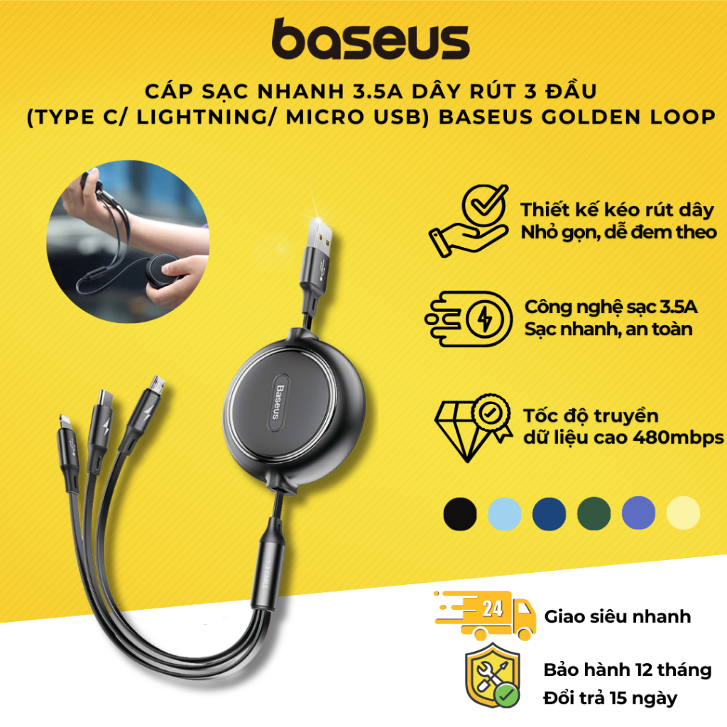 Cáp sạc dây rút 3 đầu Baseus Golden Loop 3 in 1 Elastic (3.5A, Type C/ Lightning/ Micro USB, Adjustable, Fast Charge Cable)