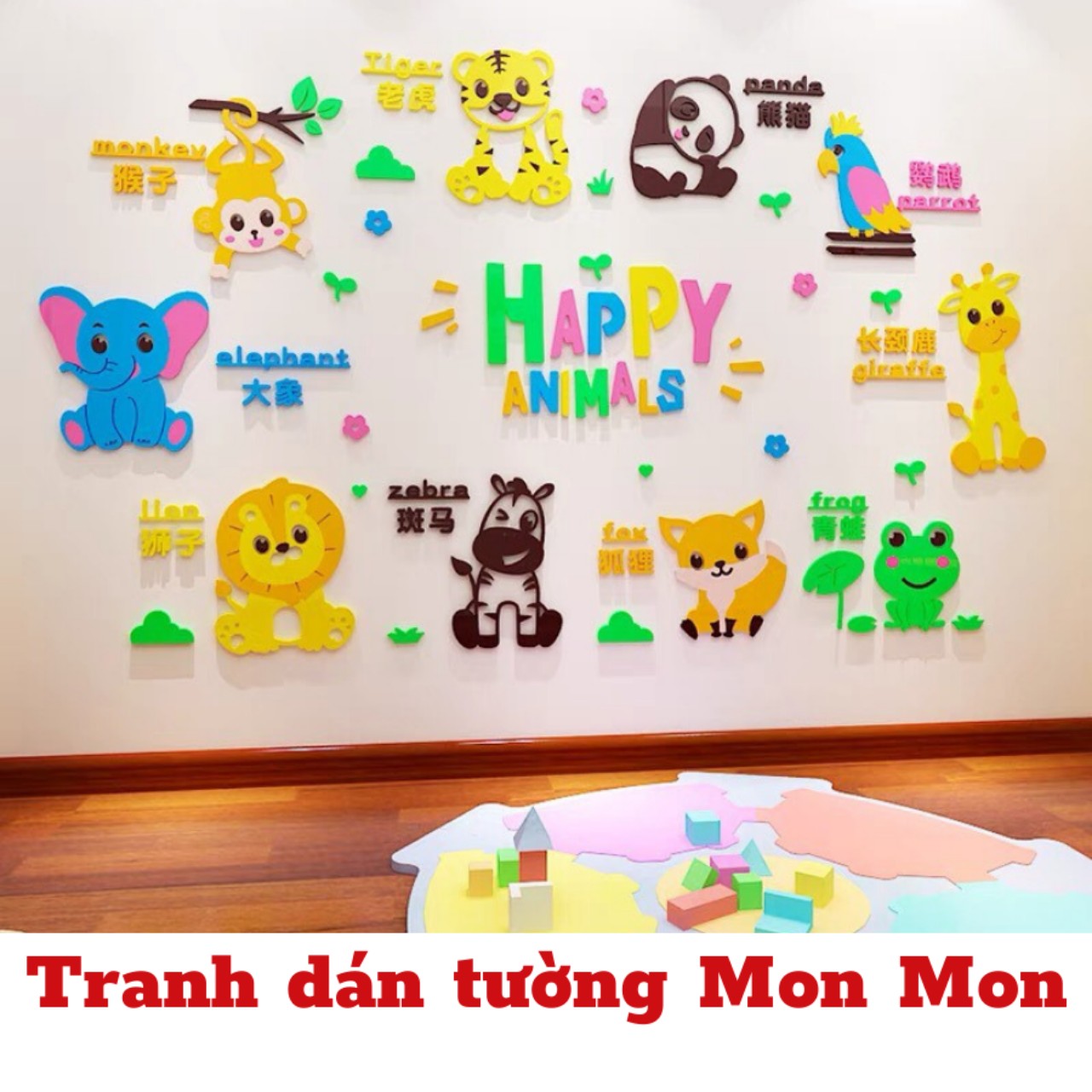 Tranh dán tường Mon Mon - Decal mica happy animail, thế giới động vật, cùng bé học Tiếng Anh với các con vật, tranh trang trí lớp học Tiếng Anh cho bé