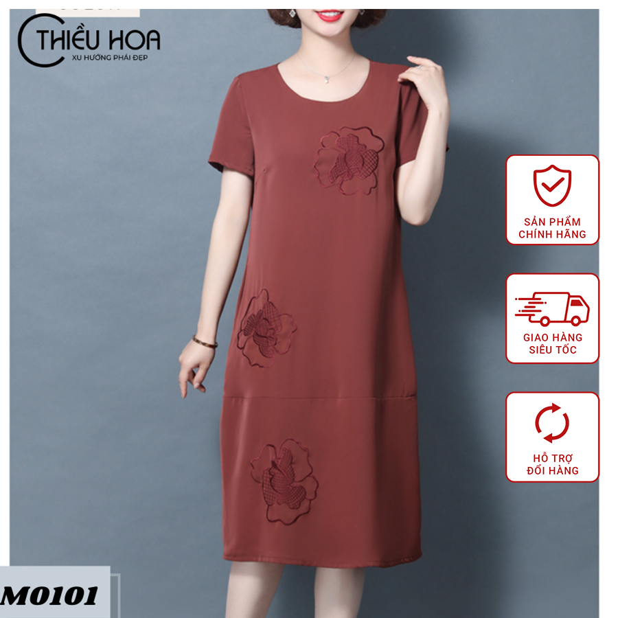 Đầm Trung Niên Dáng Suông Thêu Hoa Chất Kaki Lụa Siêu Mát M0101  Thời Trang Thiều Hoa