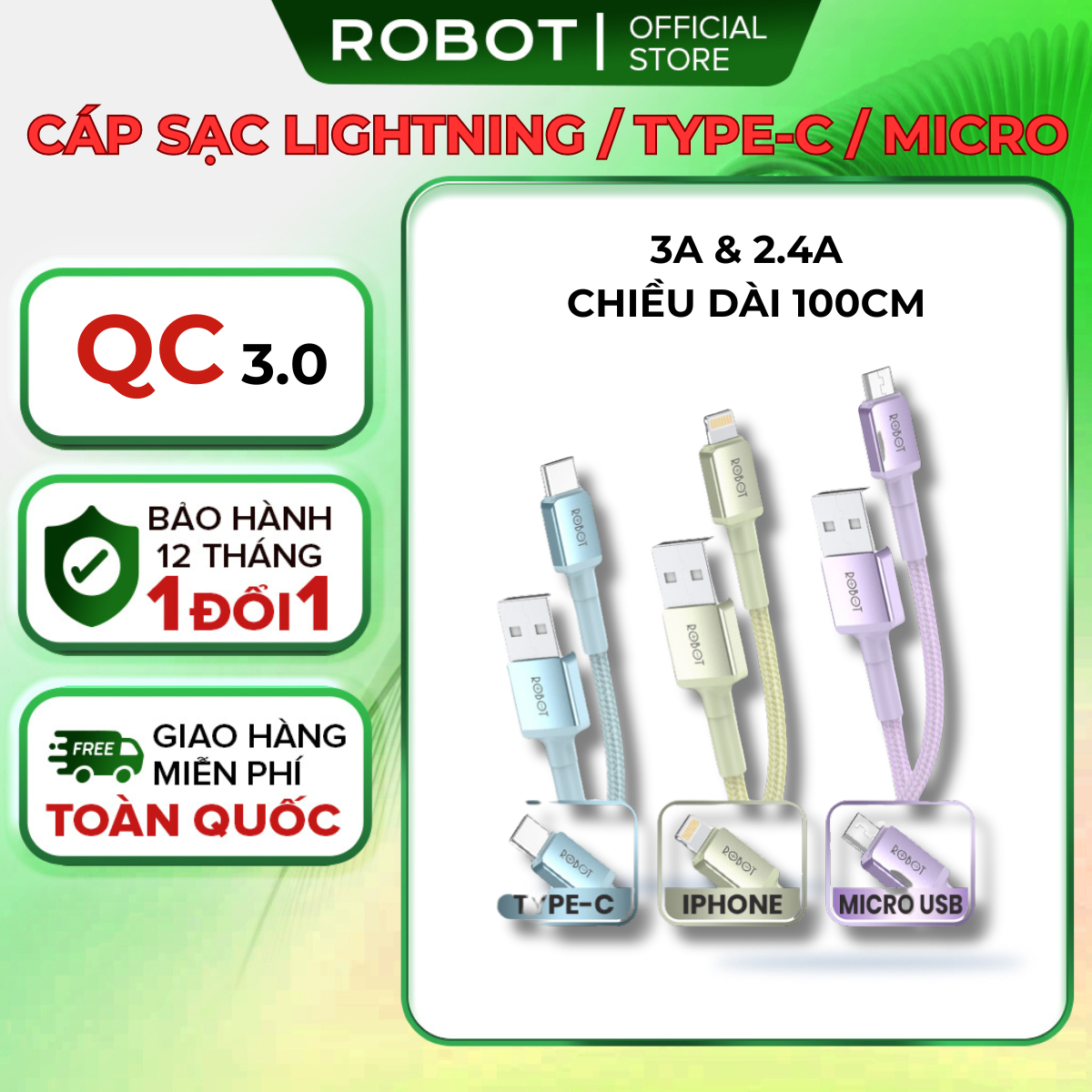 Cáp sạc Lightning/ Type-C/ Micro USB Robot RSL/C/M - chiều dài 1m - cáp sạc iphone ipad samsung xiaomi oppo vivo huawei - chất liệu dây dù chống rối l hàng chính hãng