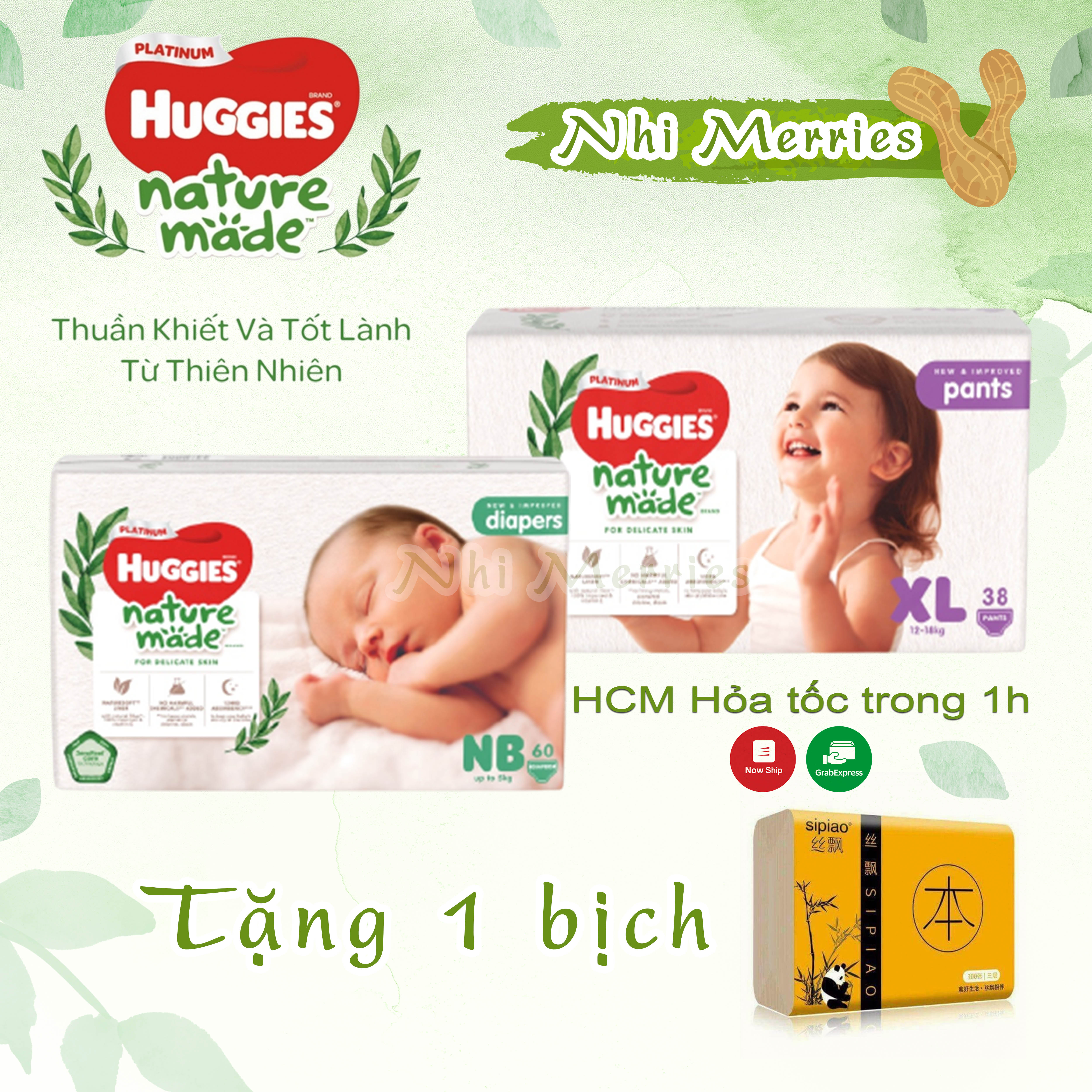 (FREESHIP) Tã Bỉm Huggies Naturemade Platinum quần dán đủ size dán NB60/S82/M64/L54 quần M58/L44/XL38/XXL26