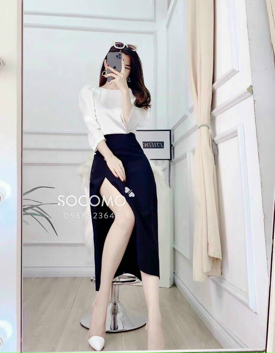 [HCM]Set Áo Cổ Thuyền Tay Lỡ Và Chân Váy Xẻ Tà Thời Trang TD FASHION