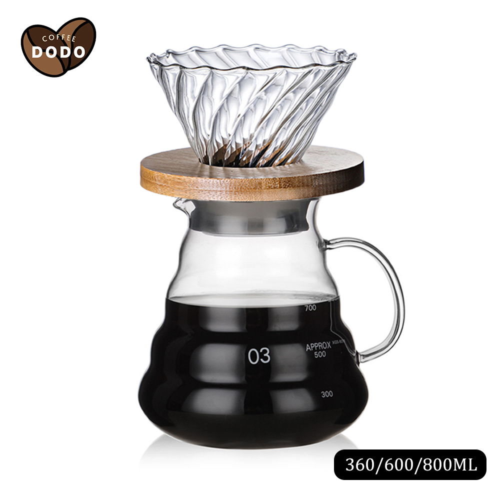 Bình đựng cà phê thủy tinh v60 giá đỡ phễu bằng gỗ tròn bình pha cà phê bằng giấy lọc dung tích 360ml/600ml/800ml bình pha cà phê nhỏ giọt, ấm cà phê chịu nhiệt dodo