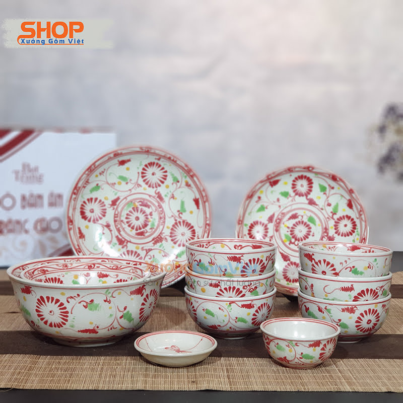 [sale sale sale] bộ bát đĩa cúc đỏ giả cổ tuyệt đẹp trang trí bàn ăn gia đình sang trọng và đẳng cấp - XƯỞNG GỐM VIỆT