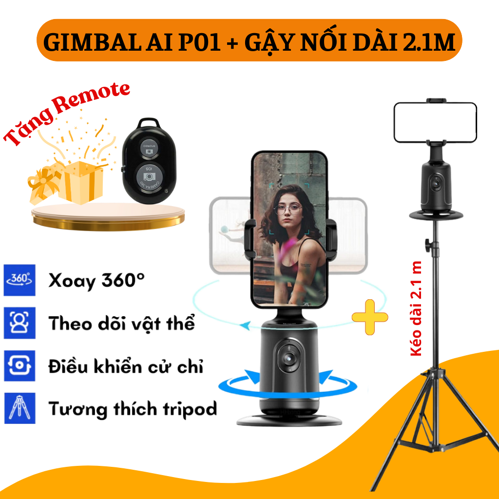 Gậy quay video P01, Gimbal điện thoại xoay 360 độ, thiết bị quay vlog, livestream, quay tik tok, xoa