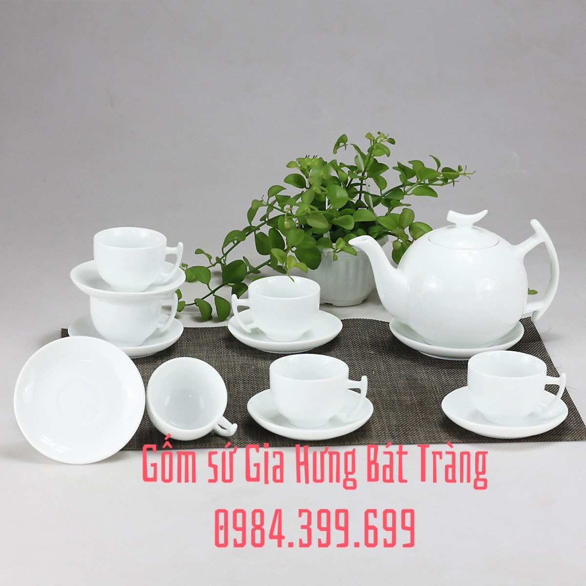 Bộ ấm chén men trắng Bưởi Cành gốm sứ Bát Tràng