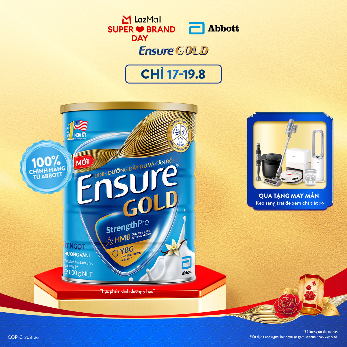 [CHỈ 11-17.8 GIÁ TỐT MUA NGAY SLCH] Lon sữa bột Ensure Gold hương vani ít ngọt 800g