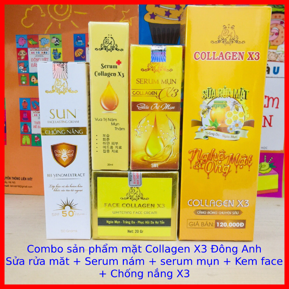 Combo Kem face + Serum Mụn + Serum X3 + Sửa rửa mặt Nghệ + Kem Chống nắng Collagen X3 Đông Anh - Chính hãng