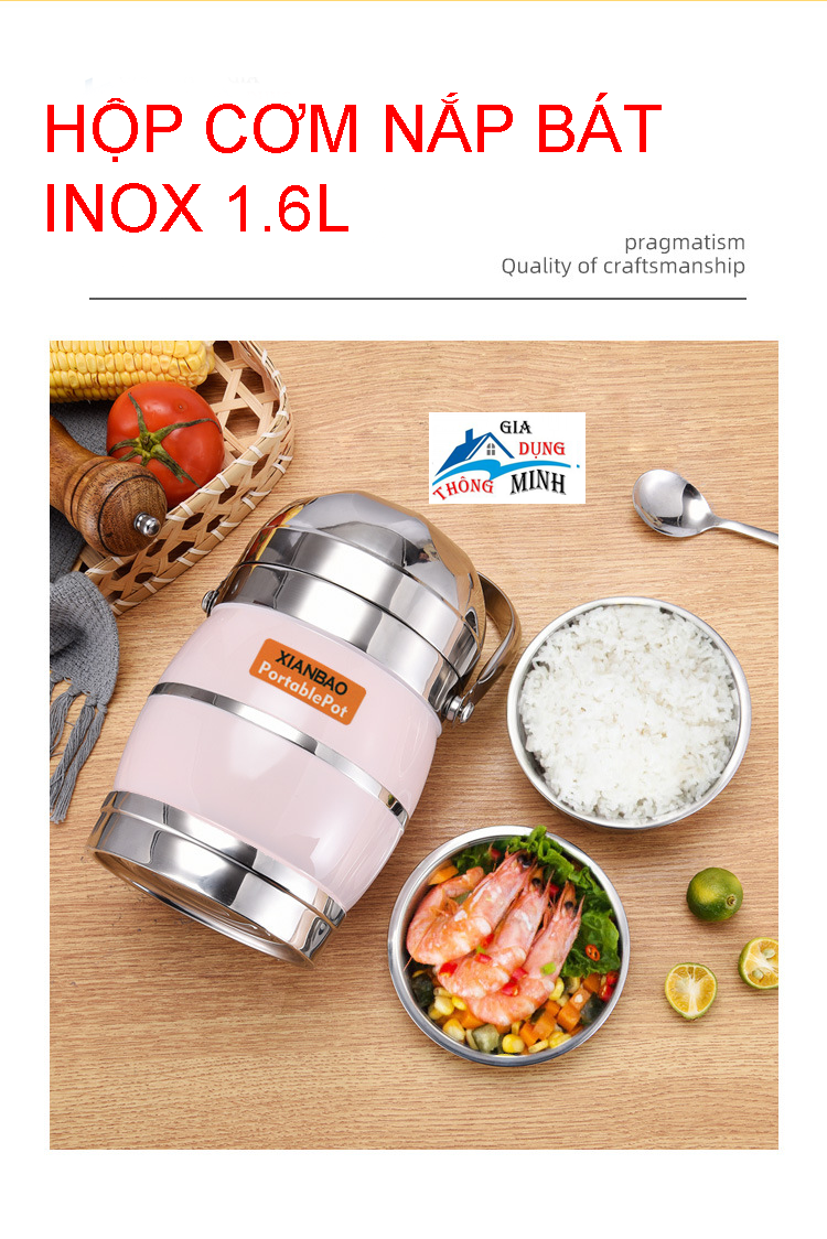 Hộp cơm inox nắp bát xianbao chính hãng - cặp lồng inox 1,6 lít giữ nhiệt