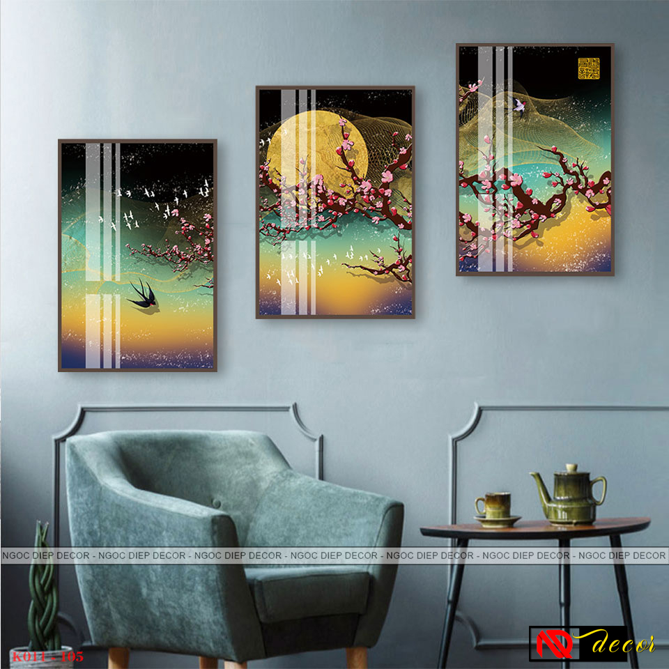 Tranh dán tường 3D hoa đào phong cách Bắc Âu -Tranh décor phong cách hiện đại