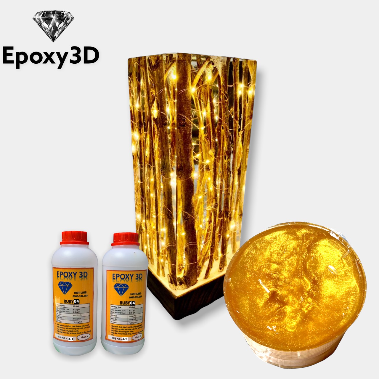 Bộ 1kg Epoxy Resin 3D Ruby-04 chuyên đổ khối lớn làm đèn, trang sức không bọt