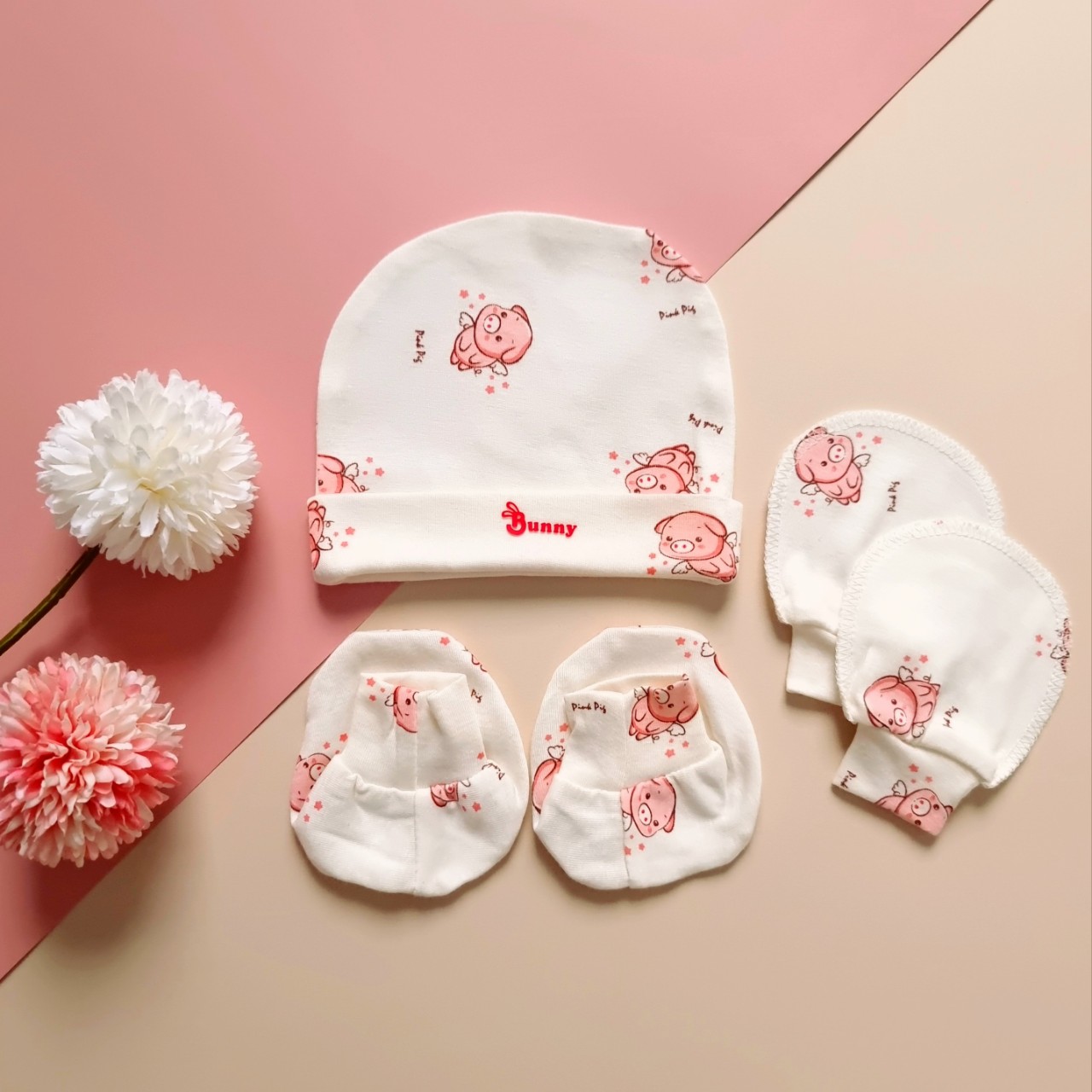 Set mũ + bao tay + bao chân sơ sinh chất đẹp BUNNY