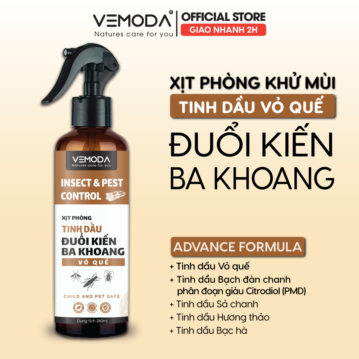 Xịt phòng tinh dầu đuổi kiến ba khoang. Xịt phòng tinh dầu quế. Xịt phòng khử mùi, kháng khuẩn, thanh lọc không khí, thơm phòng, khử khuẩn. Dung tích 260ml - VEMODA