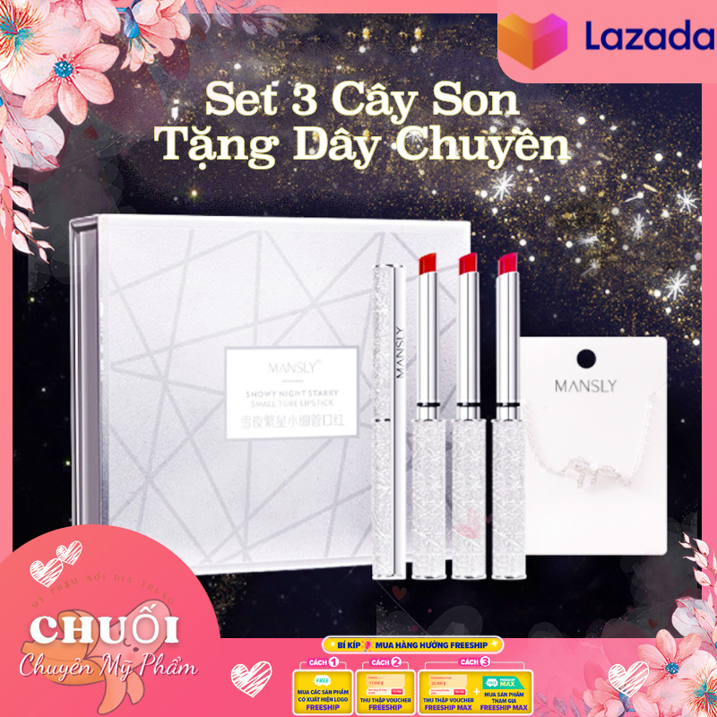 Set 3 thỏi son nhung mịn tặng kèm dây chuyền inox mansly - nội địa trung | set 3 son mansly mịn mượt như nhung dưỡng ẩm lâu trôi cao cấp cực xinh |