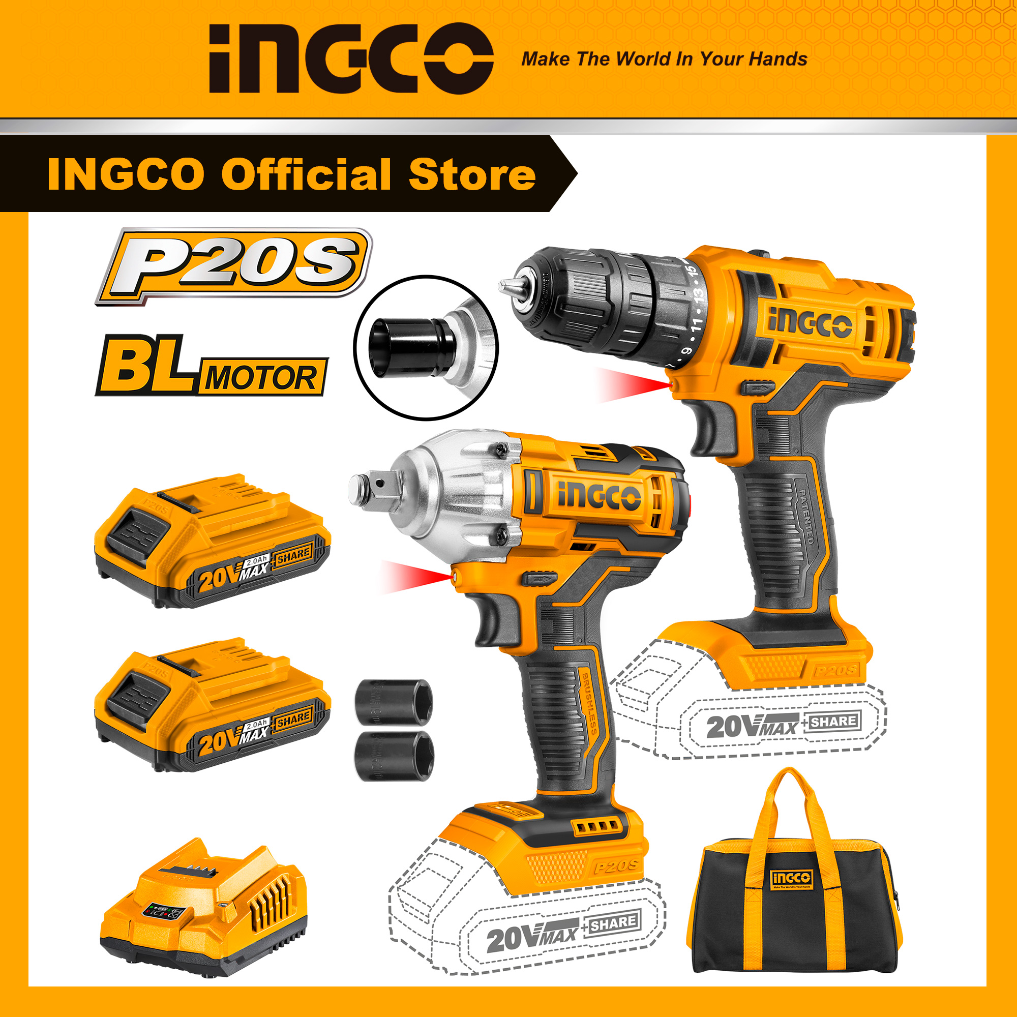 Bộ combo máy khoan pin và máy siết mở bu lông dùng pin lithium 20v - ingco ckli2017