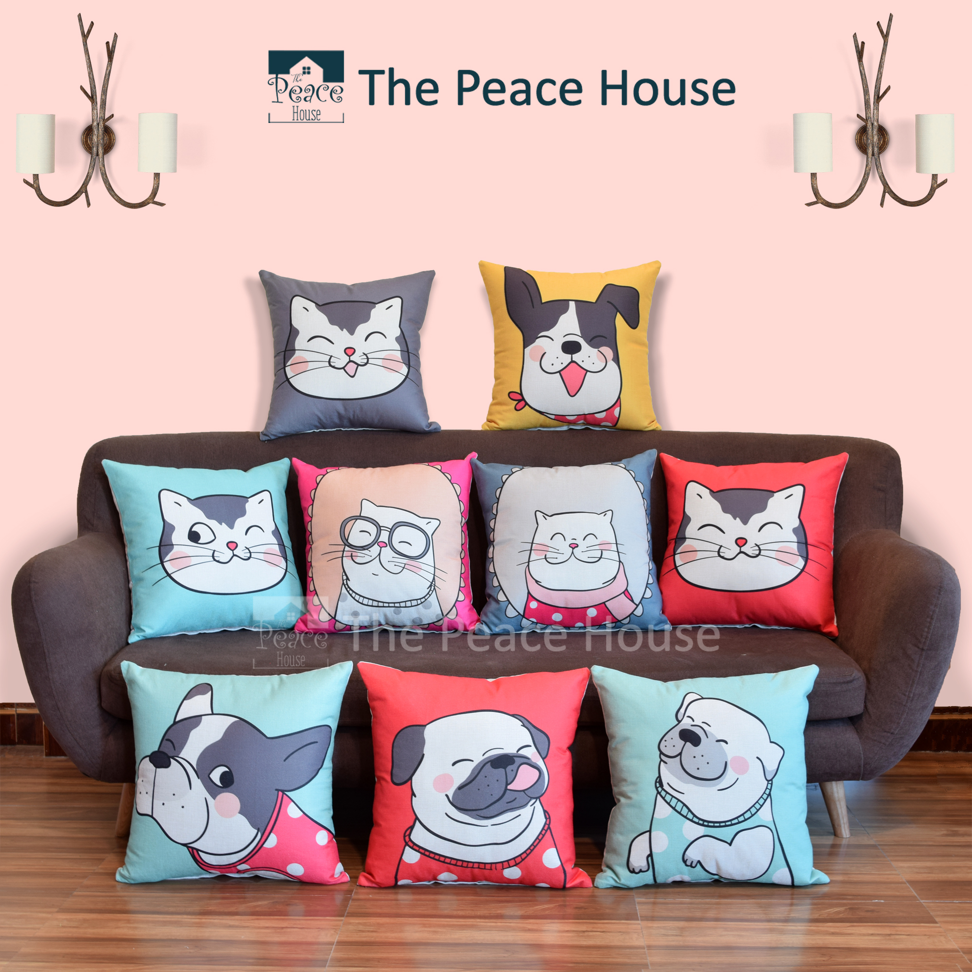 Vỏ gối tựa lưng, gối sofa, gối trang trí, gối vuông, gối văn phòng - sofa pillow covers- sofa pillowcase họa tiết Cún Mèo (Giá chỉ bao gồm vỏ gối) - The Peace House