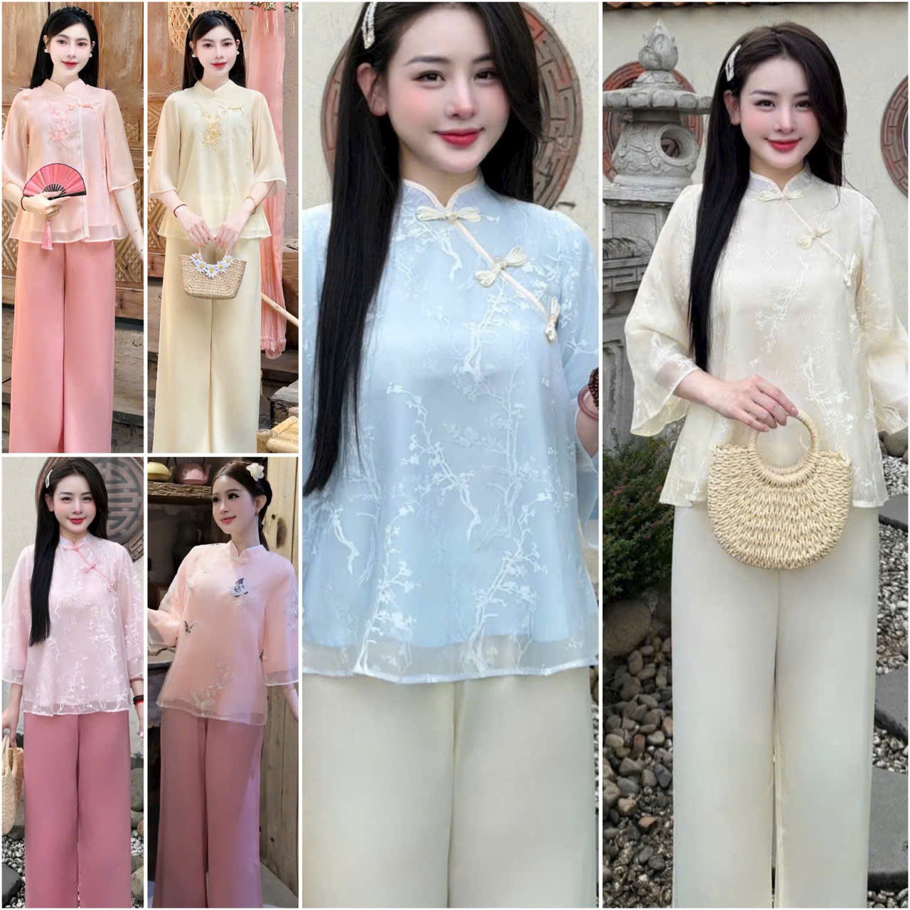 Đồ Lam Đi Chùa # Mẫu Gấm Cổ Lệch 3 Nơ # Quần Áo Nữ Cao Cấp