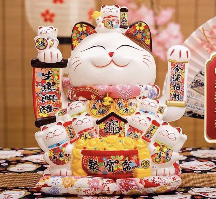 Mèo thần tài chiêu tài lộc 35cm, mèo thần tài vẫy tay ngoắc khách - đế đệm + hộp