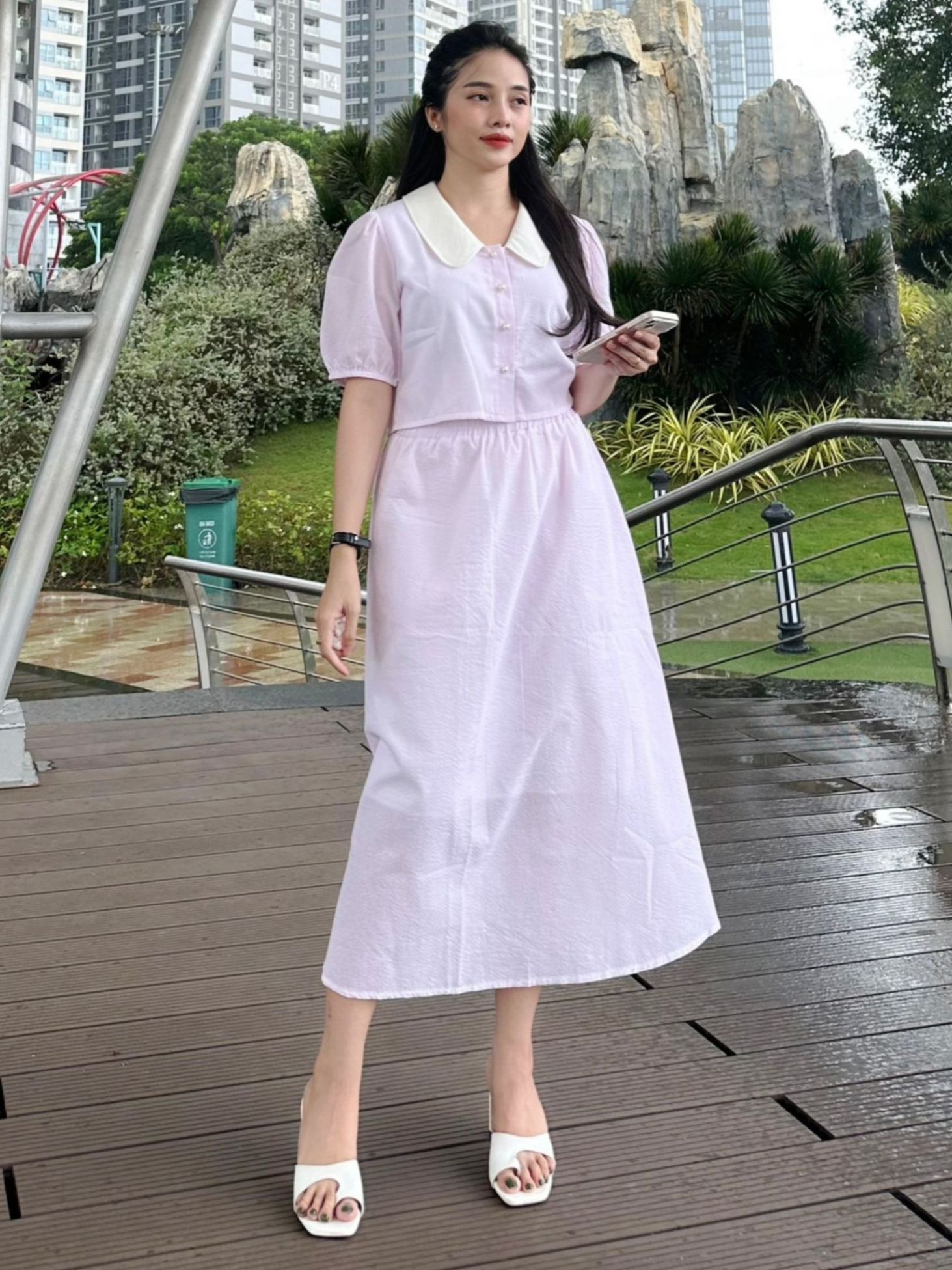 Set áo sơ mi chân váy sọc hồng cổ sơ mi - lovadova 23o06c002