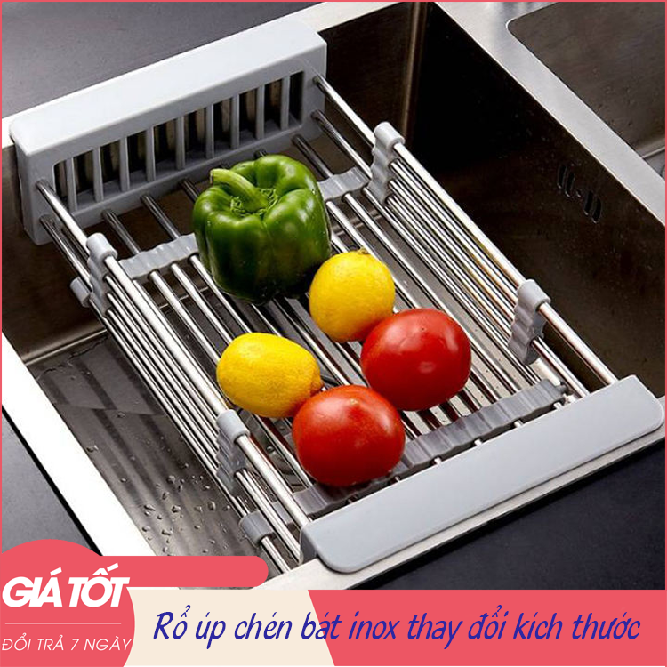 Rổ úp chén bát, giá đỡ, khay úp Inox có thể thay đổi chiều dài gác bồn rửa chén - Giúp ráo nước chén bát, rau củ quả, thìa ,muỗm, đũa...(Bạc)
