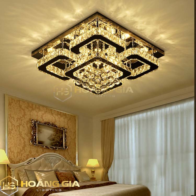 Đèm ốp trần  - Đèn mâm pha lê - Đèn mâm pha lê vuông 411 - đèn trang trí phòng khách, ánh sáng 3 chế độ, phi 600mm - Bảo hành 12 tháng