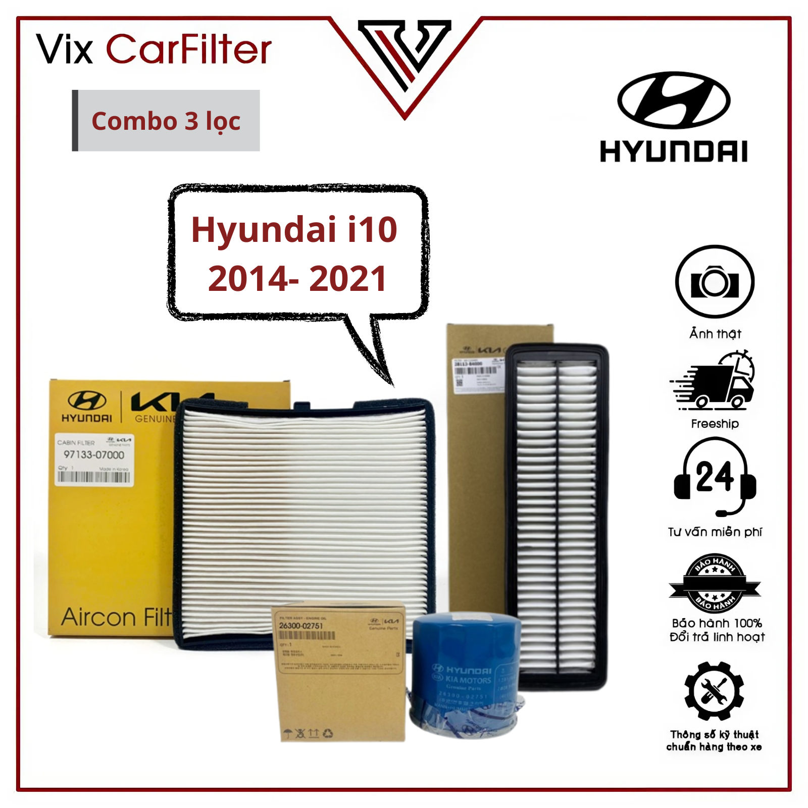 (Combo I10) Engine Air Filter, Air Conditioner Filter (for Air Conditioning), Oil Filter for Hyundai Grand I10 (2014-2021) Giá 80,000 Đồng*Miễn phí vận chuyển