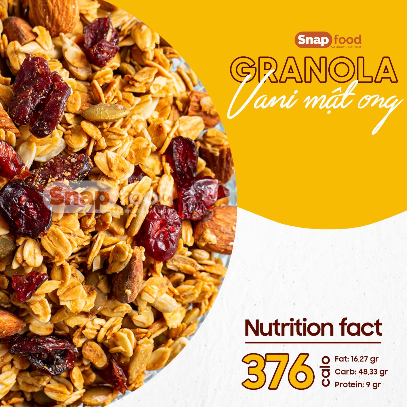 Ngũ cốc GIẢM CÂN/ĂN KIÊNG - Granola vị Vani (Vanilla Honey), không đường tinh luyện,250g - Snap Food