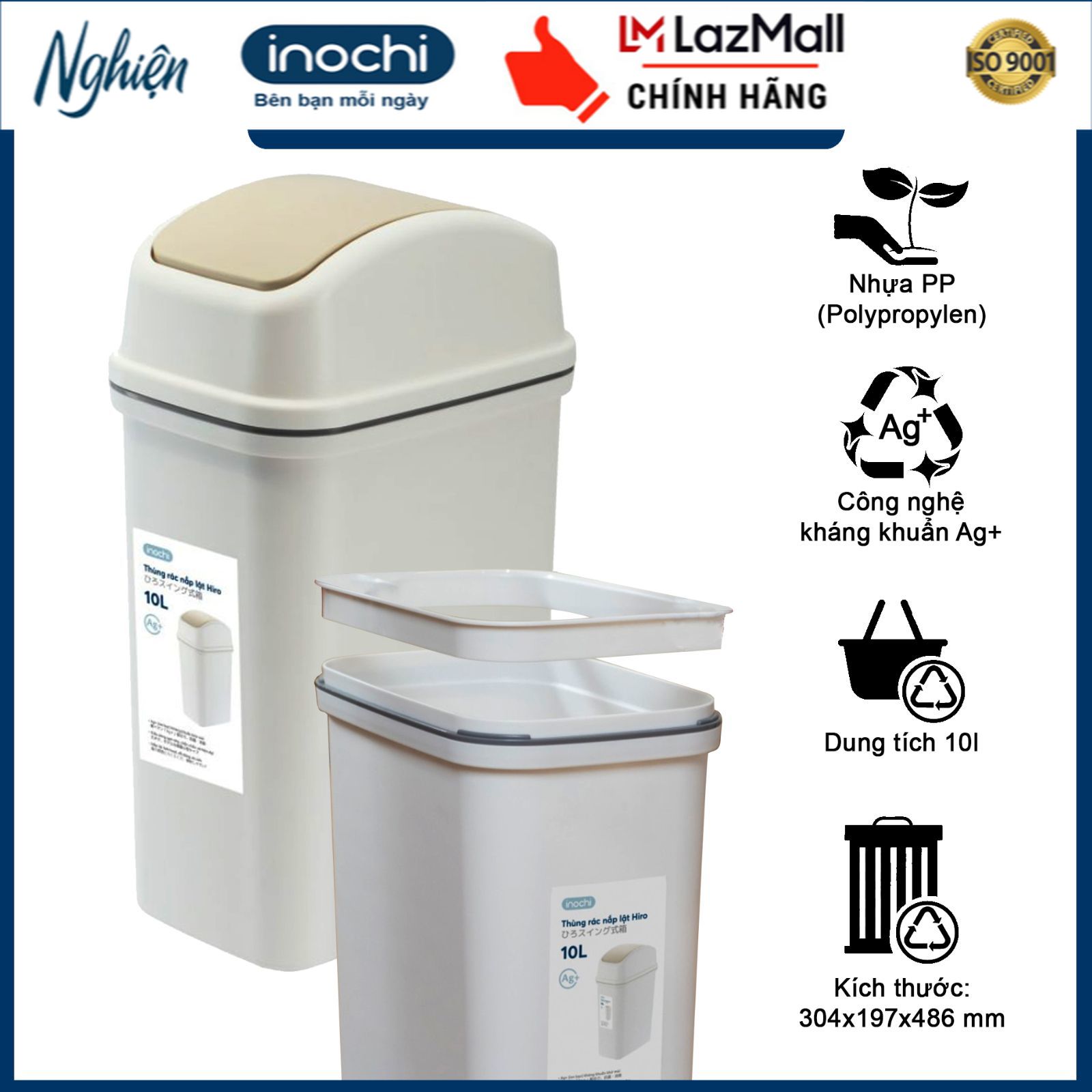 [CHÍNH HÃNG] Thùng Rác nắp lật 10 lít - sọt rác nắp lật thông minh dung tích 10l inochi chất liệu nhựa cao cấp phủ kháng khuẩn Ag+ khủ mùi dùng cho gia đình , phòng khách , phòng ăn , phòng bếp , nơi công sở