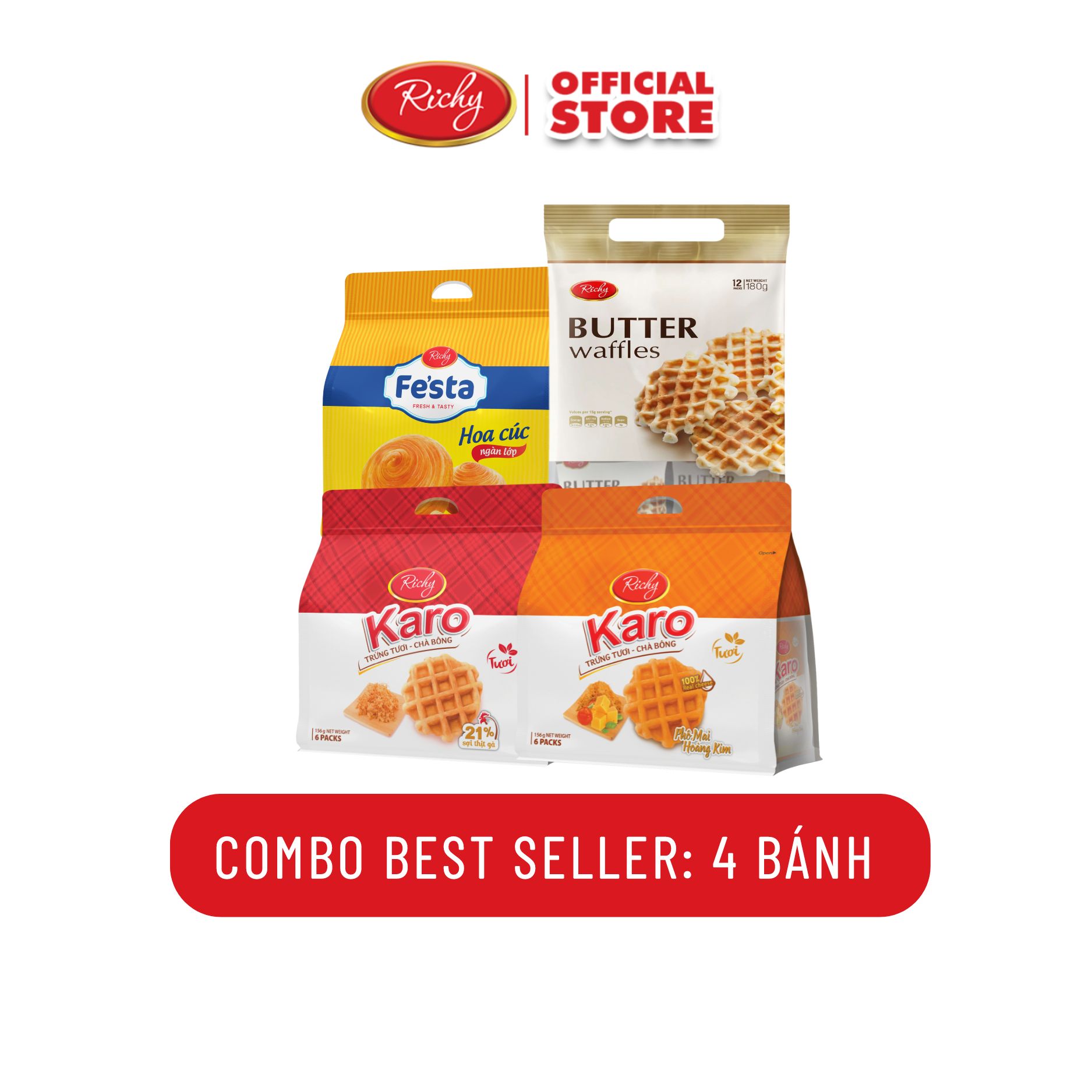 Combo Best seller mix vị, karo sợi gà, karo phô mai hoàng kim, bánh mì hoa cúc tươi ngàn lớp, bánh karo bơ trứng giòn xuất Nhật, bánh ăn sáng dinh dưỡng - Bánh kẹo Richy