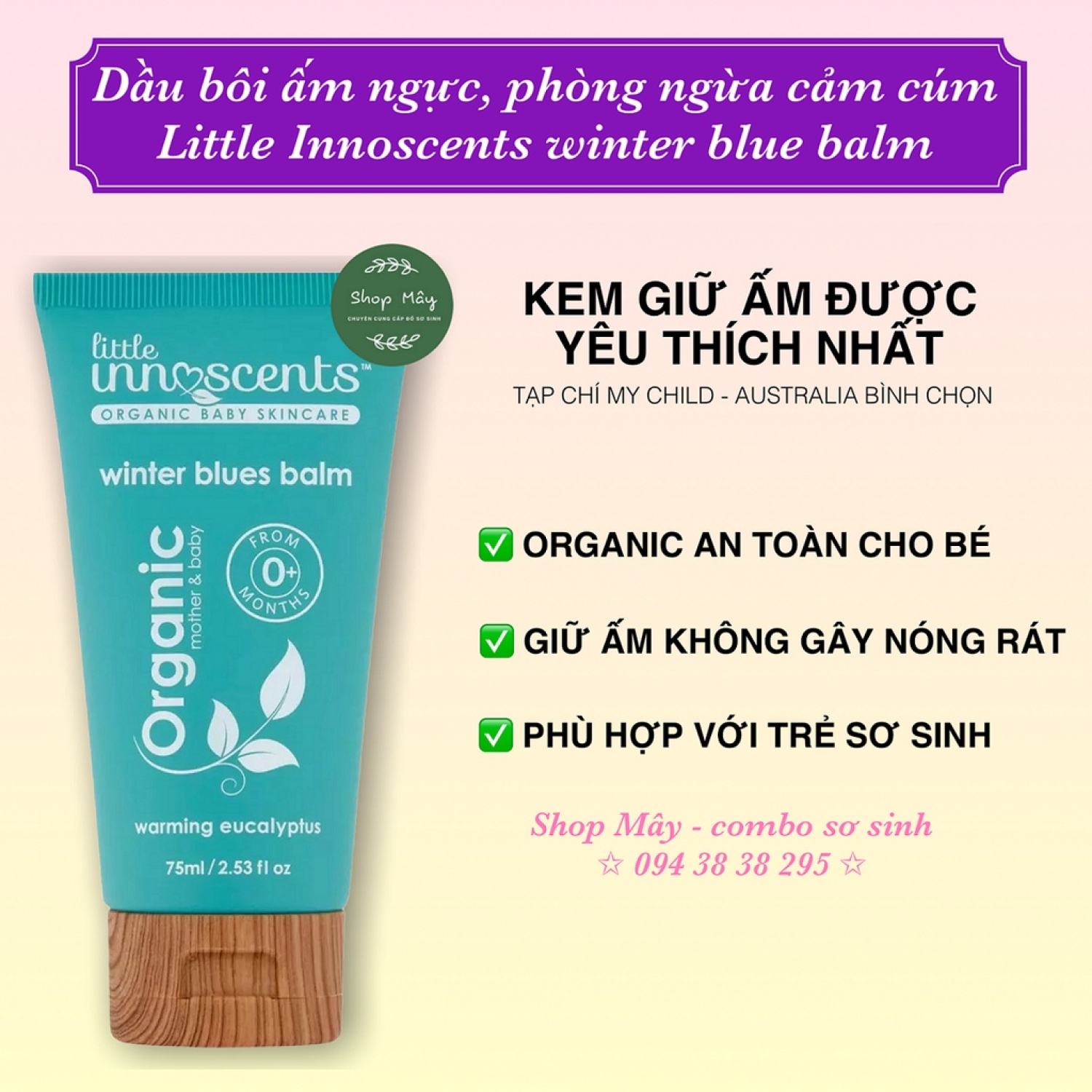 [CHÍNH HÃNG ÚC] Dầu bôi ấm ngực phòng ngừa cảm cúm, giảm ho, nghẹt mũi Little Innoscents winter blue balm