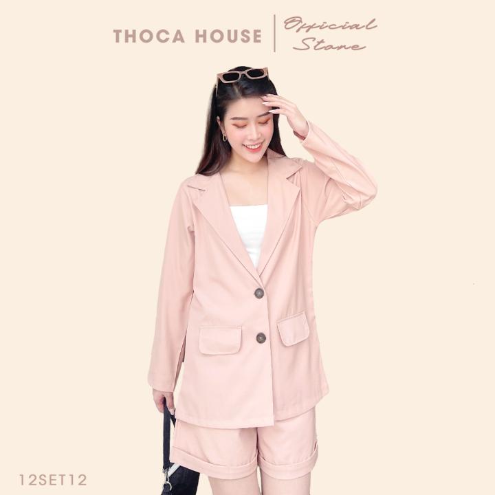 Set áo blazer khoác vest phối quần short săn lai THOCA HOUSE màu nude phù hợp đi làm công sở, đi chơi