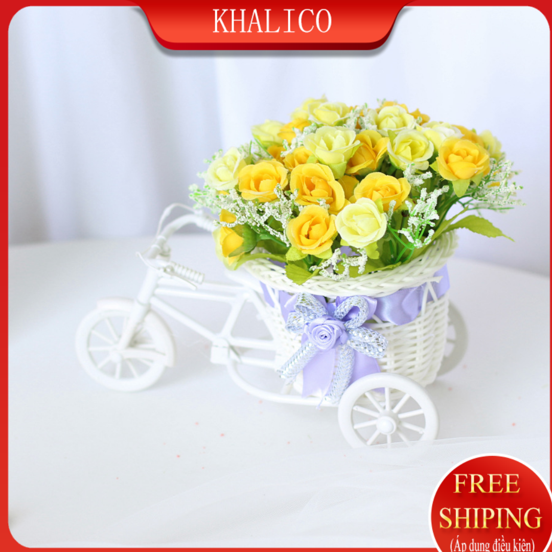 [FREESHIP] Hoa giả trang trí để bàn vải lụa KHALIK, giỏ hoa bonsai hình xe đạp dễ thương (nhiều màu lựa chọn)