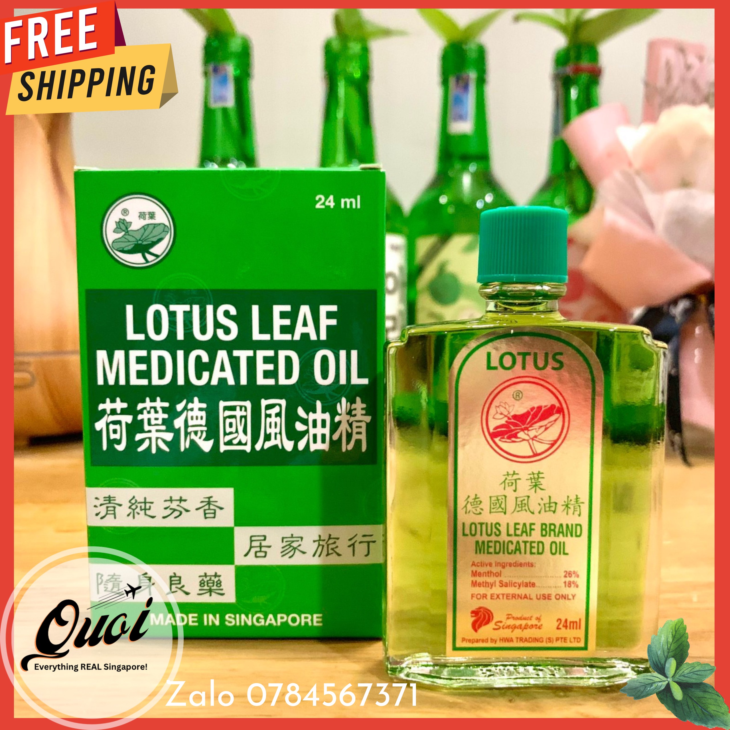 Singapore Dầu gió nước xanh hiệu Lá Sen Lotus Leaf Medicated Oil 24ml dầu gió lá sen, dầu lá sen Singapore, dầu xanh lá sen