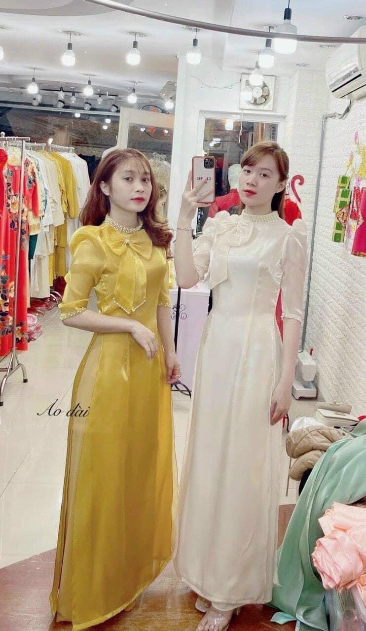 (Ảnh thật) Áo dài 4 tà phối nơ đính ngọc