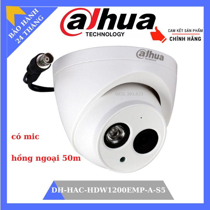 Camera hdcvi dome trong nhà 2.0mp dahua dh-hac-hdw1200emp-a-s5 tích hợp mic thu âm, hồng ngoại 50m