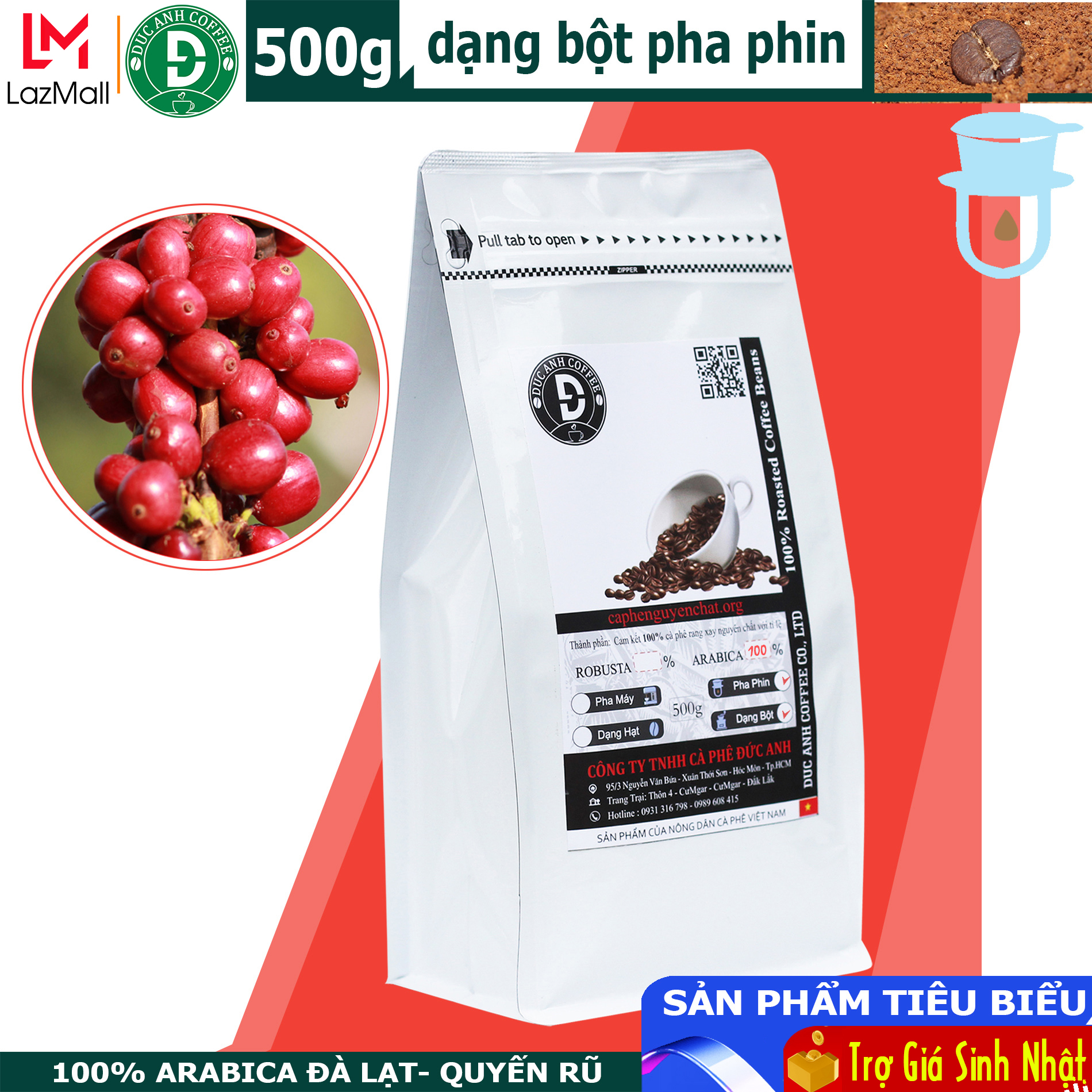 Cà phê bột Arabica nguyên chất rang mộc pha phin - Xuất xứ Đà Lạt - gói zipper 500g - Thương hiệu cà phê rang mộc DUC ANH COFFEE- Giao hàng nhanh - TOP BAN CHAY - cafe pha phin arabica coffee