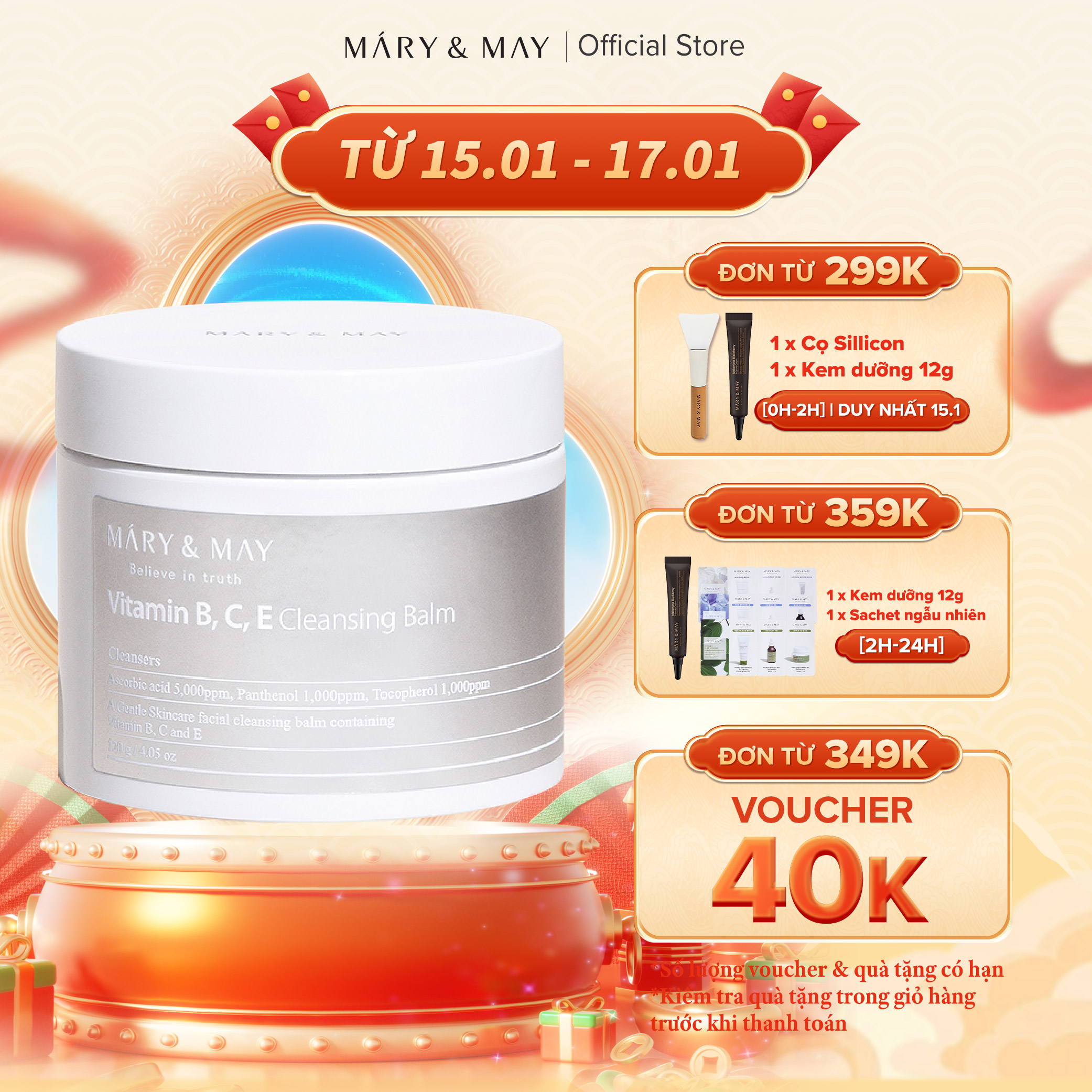 Sáp Tẩy Trang Mary&May Vitamin B, C, E Cleansing Balm 120g