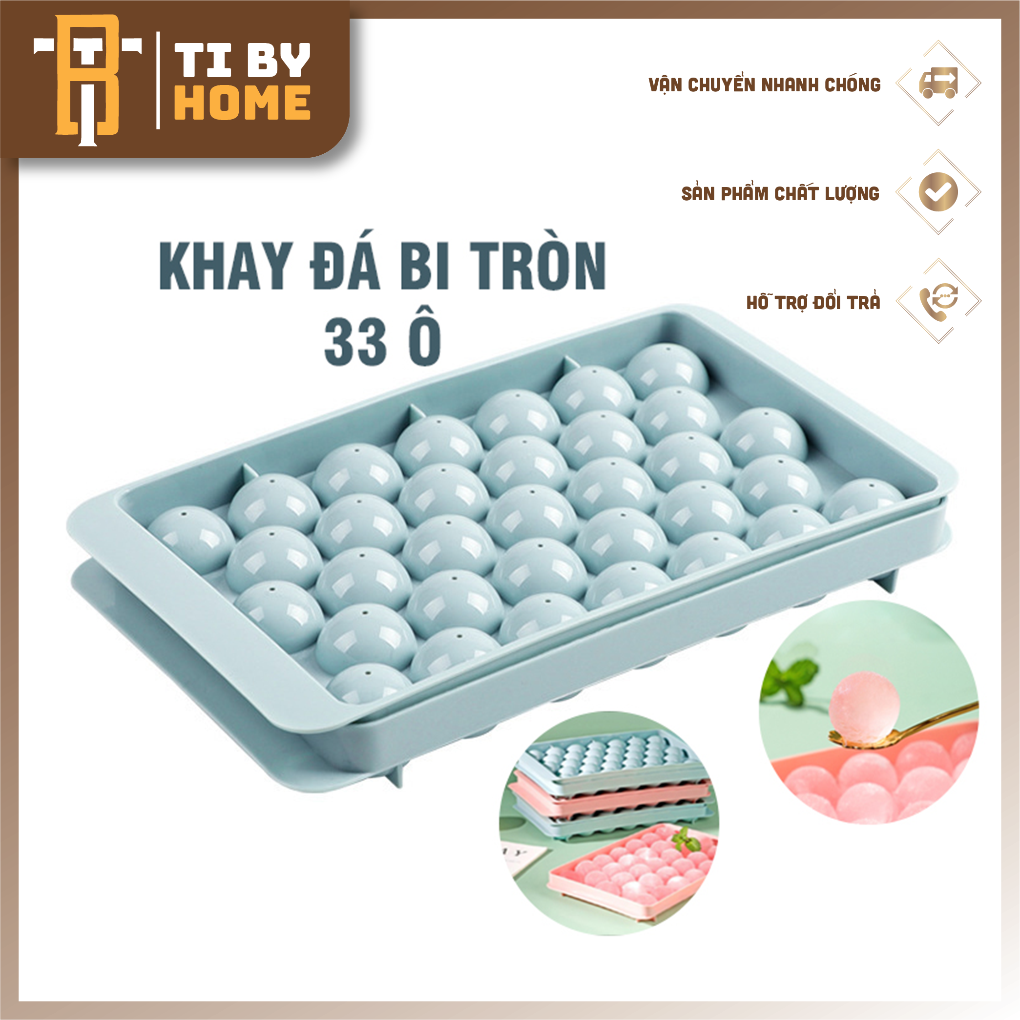 Khay làm đá tròn thông minh 33 viên tibyhome, khay làm đá viên bi thông minh có nắp đậy