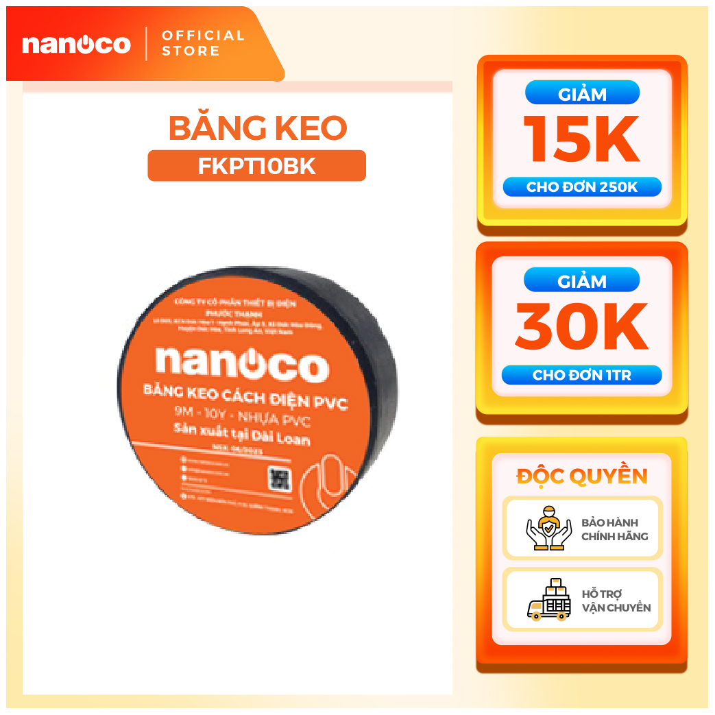 Combo 10 cuộn băng keo các điện nanoco màu đen model: fkpt10bk/ fkpt20bk