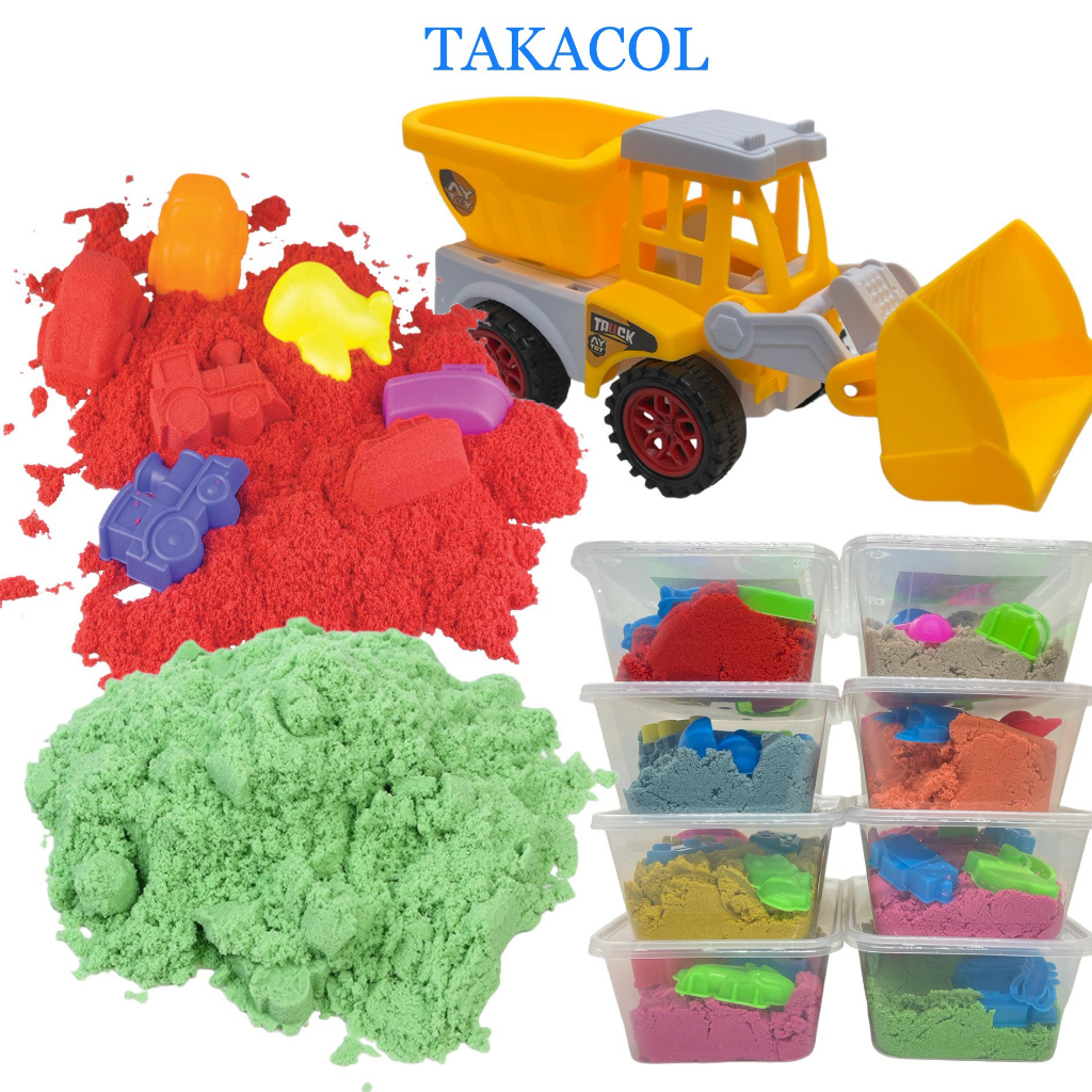 Cát động lực TAKACOL hộp 1kg tặng kèm xe ô tô xúc cát, 12 khuôn chơi cát, phao chơi cát, xẻng xúc cát, trò chơi vận động và sáng tạo rất tốt cho bé đang phát triển
