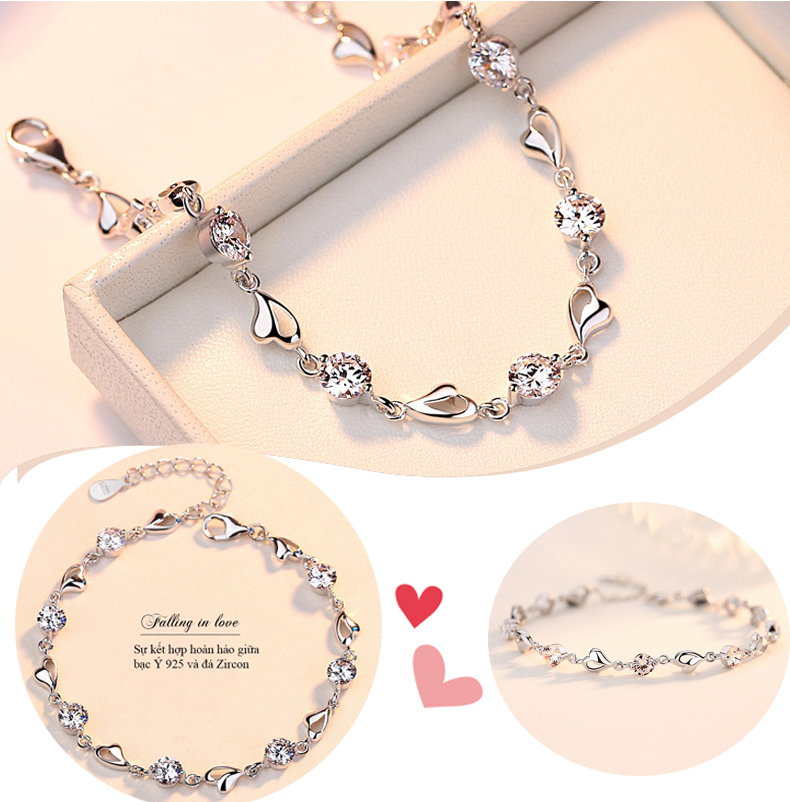 Tamiko - lắc tay heart love đá cz bạc 925 lắc tay đính đá thời trang vòng tay bạc nữ lắc tay trái tim tm-lt684