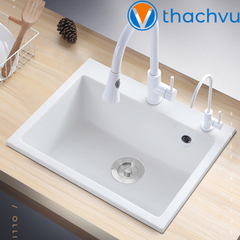 Chậu rửa bát 1 hố bằng đá granite 56x47, chống thấm phủ nano trắng không ố vàng chống bám bẩn vĩnh viễn.