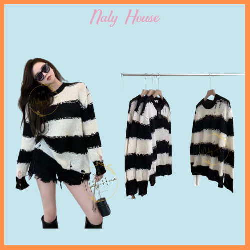 Áo len oversize nữ form rộng dài tay sọc đen trắng năng động cá tính naly
